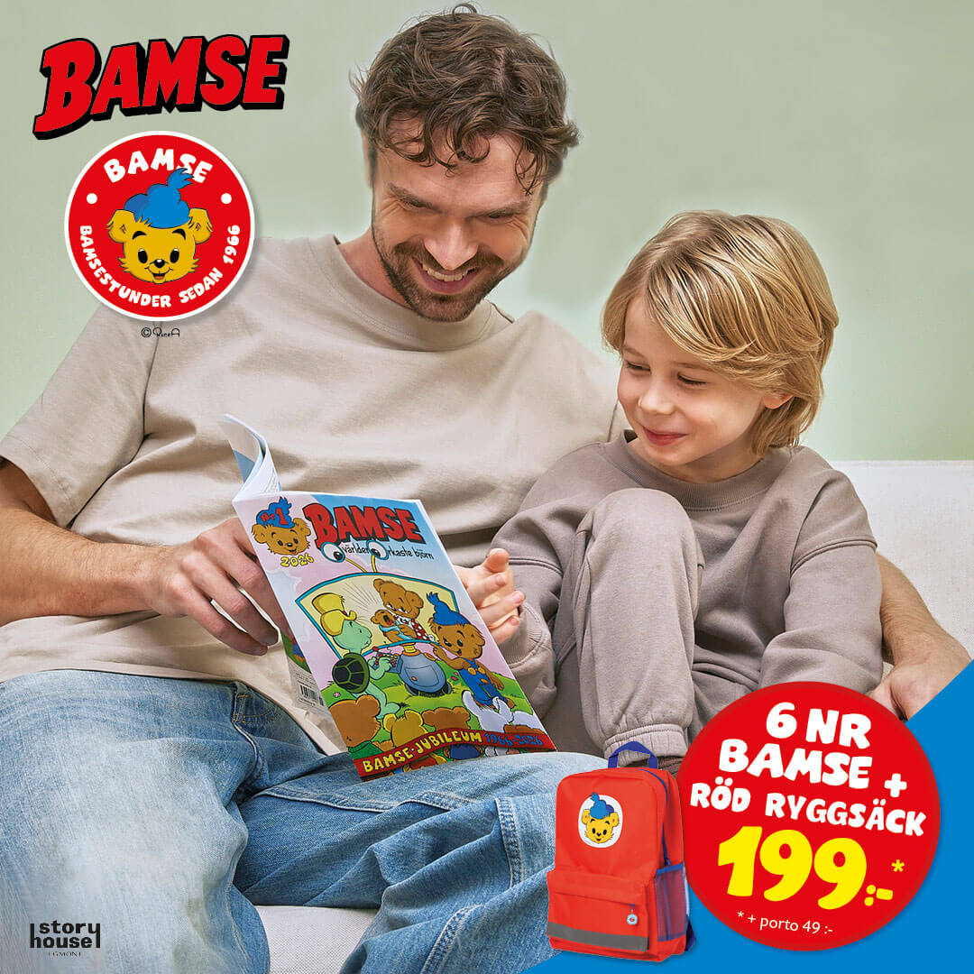 6 nr av tidningen Bamse + röd ryggsäck för endast 199 kr